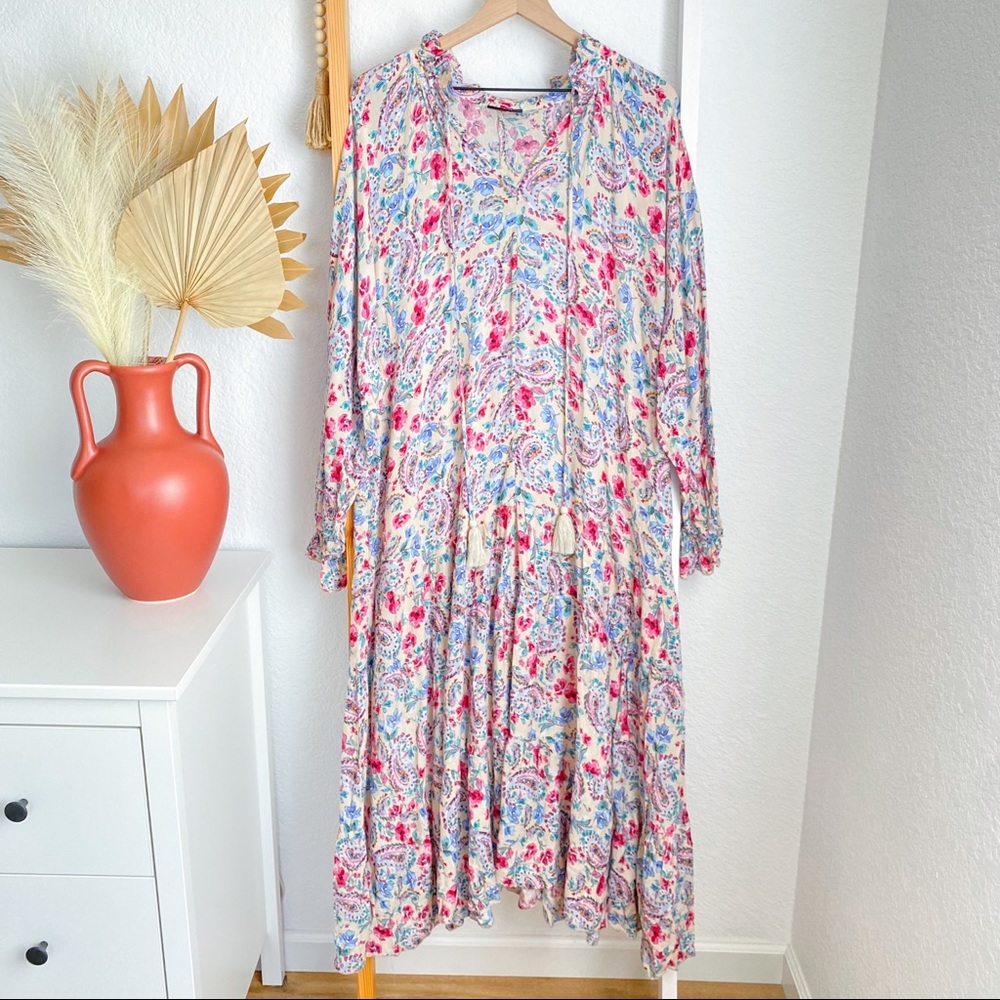 Vici Paisley Midi Dress Multicolored Cream Flora Ruffle Oversized Boho Tassel